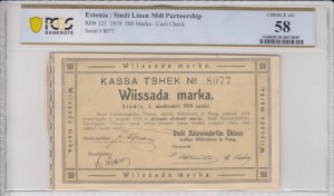 Estonia 500 Marka 1919 - Cash Check of Sindi Linen Mill Partnership - PCGS 58 CHOICE AU