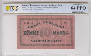Estonia 10 Marka 1922 - PCGS 64 PPQ CHOICE UNC