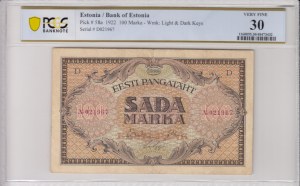 Estonia 100 Marka 1922 - PCGS 30 VERY FINE