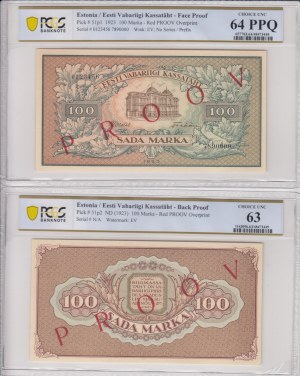 Estonia 100 Marka 1923 - Two one-sided Specimens (PROOV) - PCGS 64 PPQ & 63 CHOICE UNC (2)