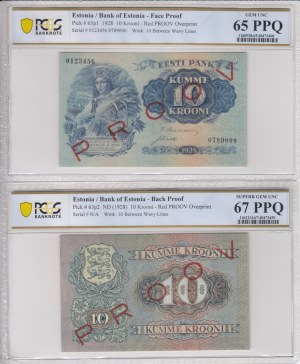 Estonia 10 Krooni 1928 - Two one-sided Specimens (PROOV) - PCGS 65 PPQ GEM UNC & 67 PPQ SUPERB GEM UNC (2)