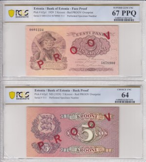 Estonia 5 Krooni 1929 - Two one-sided Specimens (PROOV) - PCGS 67 PPQ SUPERB GEM UNC & 64 CHOICE UNC (2)