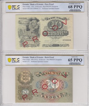 Estonia 20 Krooni 1932 - Two one-sided Specimens (PROOV) - PCGS 68 PPQ SUPERB GEM UNC & 65 PPQ GEM UNC (2)