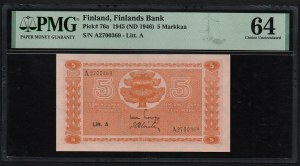 Finland 5 Markkaa 1945 - PMG 64 Choice Uncirculated