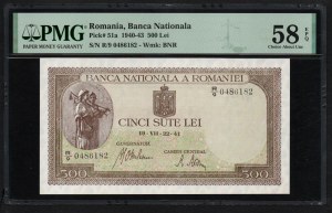 Romania 500 Lei (1940-43) - PMG 58 EPQ Choice About Unc