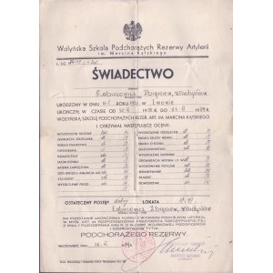 Wołyńska Szkoła Podchorążych Rezerwy Artylerii im. Marcina Kątskiego] Świadcectwo ukończenia szkoły i odebrania tytułu podchorążego rezerwy
