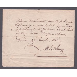 ANCZYC Władysław Ludwik - Własnoręczne pokwitowanie odbioru 75 talarów od Barona Edwarda Rastawieckiego. Dat Warszawa 6 kwietnia 1865 r.