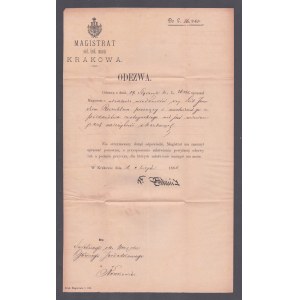 [JUDAICA] Magistrat stoł. król. miasta Krakowa. Odezwa o udzielenie wiadomości czy Leib Jeruchem Rozenblum proszący o uwolnienie go z poddaństwa austryackiego nie jest winien jakiej należności skarbowej. Dat. Kraków 1 maja 1886 r.
