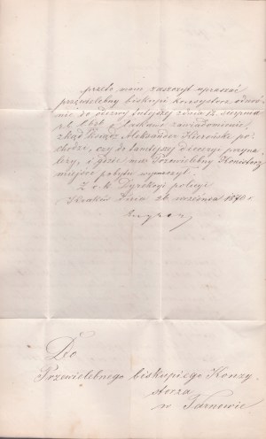 KIEROŃSKI Alexander Fr, POWSTANIE STYCZNIOWE] Letter of the C. K. Directorate of Policyi in Cracow to the Most Reverend Episcopal Consistory in Tarnow regarding the determination of the place of origin of Rev. Aleksander Kieroński, who returned from Siber