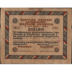 [Szczypiorno] Dyplom. Odznaka Pamiątkowa Więźniów Ideowych z lat 1914-1921 [podpis gen. Kazimierza Sosnkowskiego]