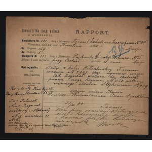 Towarzystwo Kolei Konnej w Warszawie. Rapport Konduktora wypadku - zderzenia z wozem i zranienia konia.Warszawa - Praga. Dat. 1 V [18]94.