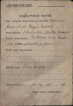 [I PUŁK UŁANÓW WP, KOCZWARA Jozef, BAYGER Tadeusz] Penalty card for the chevalier Jozef Koczwara and senior lancer of the 1st Lancer Regiment of the Polish Army Tadeusz Bayger. Signed wz by Stanislaw Bujwid [unique].