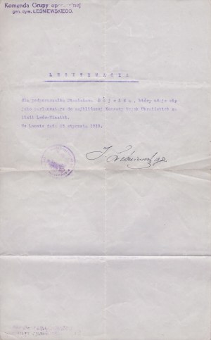 [GEN. JÓZEF LEŚNIEWSKI autograph] Legitimation for Second Lieutenant Stanislaw Bujwid dated January 23, 1919 and Card from C. K. Jagiellonian University for Stanislaw Bujwid, dated 1913