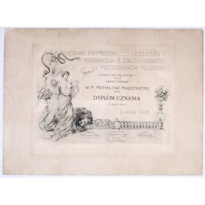 [Lwów] Wystawa Przyrodniczo Lekarska i Higieniczna X. Zjazdu Lekarzy i Przyrodników Polskich. Dyplom uznania za projekt rzeźni dla Michała Małeckiego, 25 lipca 1907 r. Projekt dyplomu St. Rejchan