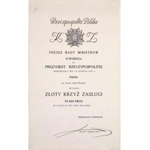 [PORATYŃSKI Jan] Dyplom nadania po raz drugi Złotego Krzyża Zasługi dla Dra Jana Poratyńskiego […] za zasługi na polu pracy społecznej. Dat. 26 listopada 1938 roku [podpis F. Sławoj-Składkowskiego]