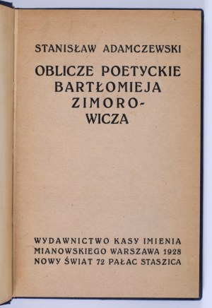 ADAMCZEWSKI Stanisław - Oblicze poetyckie Bartłomiej Zimorowicza. Warsaw 1928
