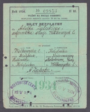 Vilnius State Railway Directorate. 2 Class II complimentary tickets for Adolf Zaleski, adjutant of Volkovysk C station. 1932 and 1934.