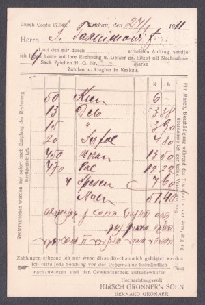 [JUDAICA] Hirsch Gronner's Sohn. Account in the form of a correspondence card. Cracow 1911