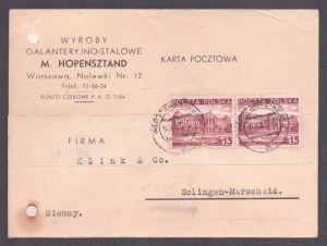 [JUDAICA} Galentry and steel products by M. Hopensztand. Warsaw Nalewki No. 12. post card with letter autographed by company owner. [1937]