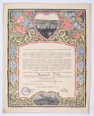 [Zakopane - Union of Polish Common School Teachers] Diploma for the founder of the sanatorium. Dat. Warsaw, May 8, 1928; diploma designed by Michal Rzepecki. Text by Mieczysław Opałek.