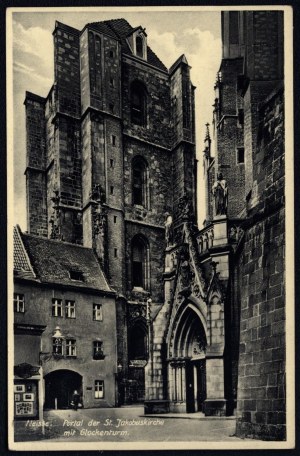 Neisse. Neisse. Portal der St. Jakobuskirche mit Glockenturm. Foto u. Kunstverlag Bruno Scholz, Breslau.