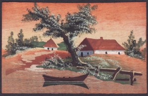 Ansicht von Häusern am Wasser. Handgemalte Postkarte auf Sperrholz. 1912