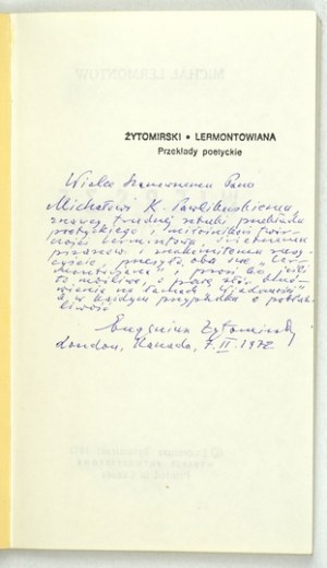 ŻYTOMIRSKI E. - Lermontoviana - věnování autora Michalu K. Pawlikowskému