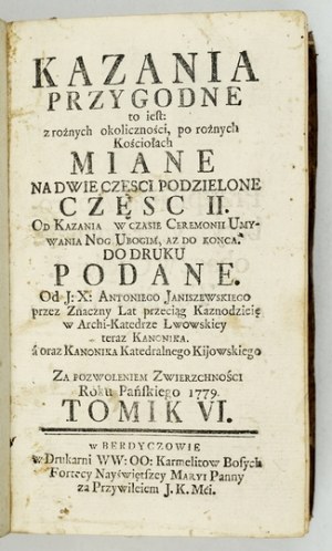 JANISZEWSKI A. - Adventurous Sermons. Cz. 2, vol. 6. Berdyczów 1779
