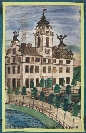 Nikifor Krynicki, Dwie postaci na dachu budynku z flagą
