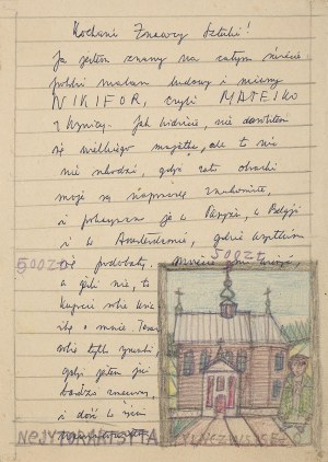 Nikifor Krynicki, List proszalny z autoportretem Nikifora przed kościołem w Tyliczu