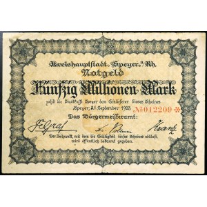 Allemagne, RÉPUBLIQUE WEIMAR (1919-1933)Billet de la ville de Spire, 50 millions de marks 21/09/1923