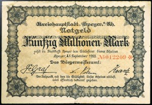 Allemagne, RÉPUBLIQUE WEIMAR (1919-1933)Billet de la ville de Spire, 50 millions de marks 21/09/1923