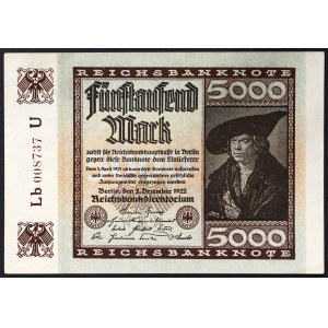 Allemagne, RÉPUBLIQUE WEIMAR (1919-1933), 5.000 Mark 1922