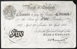 Gran Bretagna, Regno, Giorgio VI (1936-1952), 5 sterline 29/04/1937