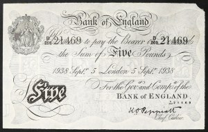 Gran Bretagna, Regno, Giorgio VI (1936-1952), 5 sterline 05/09/1938