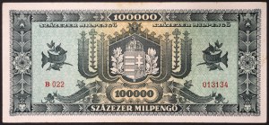 Hungary, Republic, First Republic (1946-1949), 100.000 Milpengo 29/04/1946