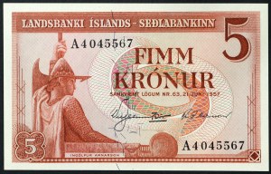 Iceland, Kingdom, Republic (1944-date), 5 Kronur 21/06/1957