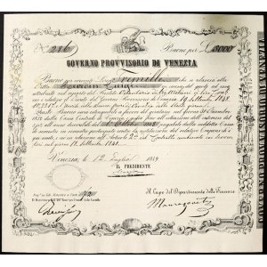 Italian States, Venice, Provisional Government of Venice (1848-1849), Buono per 3.000 Lire 12/7/1849