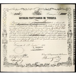 Państwa włoskie, Wenecja, Rząd Tymczasowy Wenecji (1848-1849), Buono per 3.000 Lire 12/7/1849