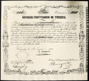 États italiens, Venise, Gouvernement provisoire de Venise (1848-1849), Buono per 3.000 Lire 12/7/1849