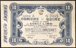 Italie, Royaume d'Italie, Monetazione di Emergenza del Comune di Udine, 10 Lire 12/03/1918
