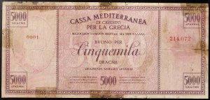 Italie, Occupation italienne de la Grèce (1941-1943), Cassa Mediterranea di Credito per la Grecia, Buono per 5.000 Dracme 1940