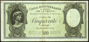 Italy, Italian Occupation of Greece (1941-1943), Cassa Mediterranea di Credito per la Grecia, Buono per 500 Dracme 1940