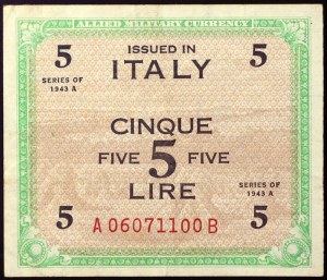 Italy, AM-Lire (Allied Military Currency), 5 Lire 1943-45