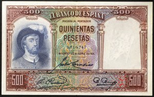 Espagne, République (1931-1939), 500 Pesetas 25/04/1931