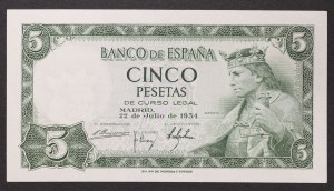 Spain, Kingdom, Francisco Franco (1939-1975), 5 Pesetas 22/07/1954