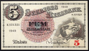 Schweden, Königreich, Gustav V. (1907-1950), 5 Kronen 1949