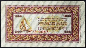 Jugoslávie, italská okupace na Istrii, Fiume a ve Slovinsku, 1 000 lir 1945