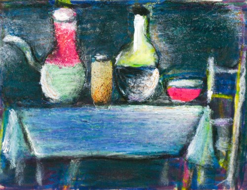 Eugeniusz TUKAN-WOLSKI (1928-2014), Martwa natura na stole z niebieskim obrusem