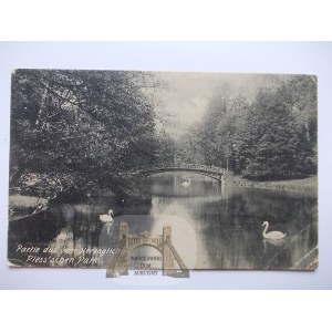 Pszczyna, Pless, park, staw, mostek, ok. 1910 (wysłana w 1932)